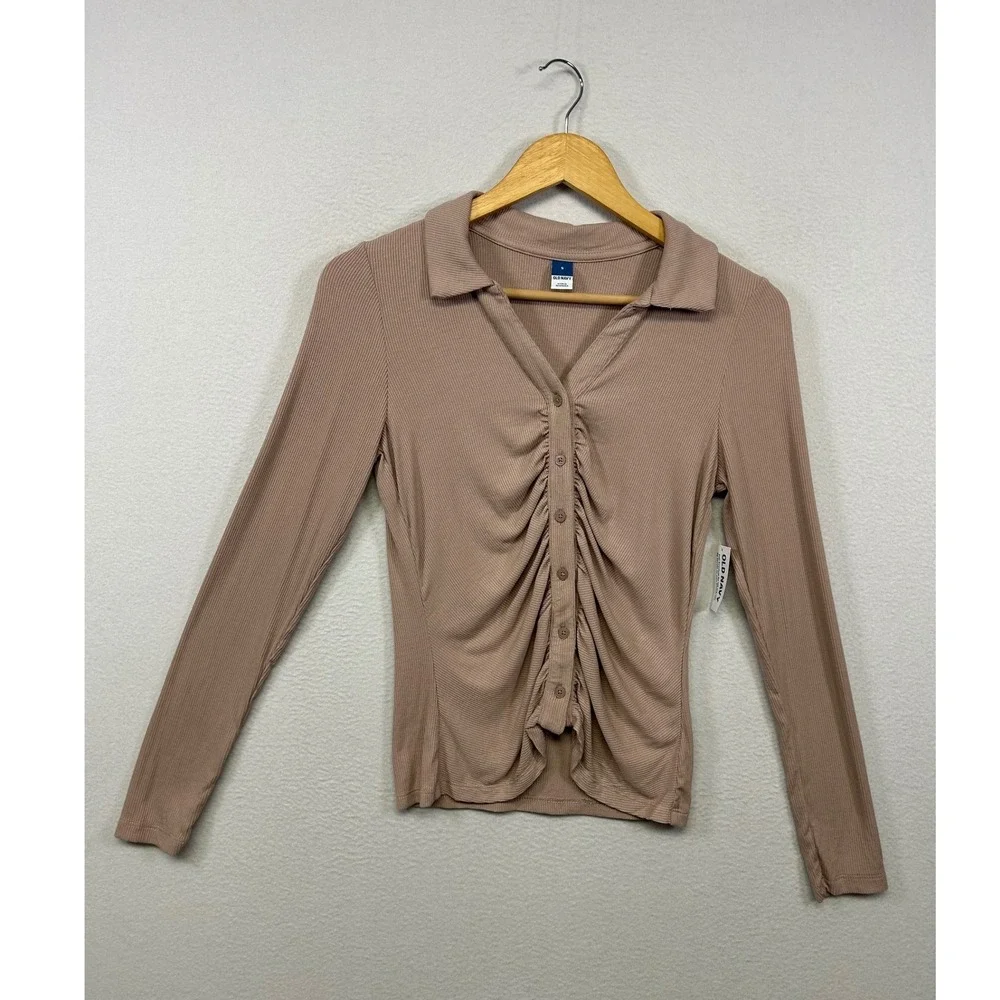 Old Navy Coquette Ribbed Ruched NWT Womens Sm Mauve Long Sleeve Button Polo Top